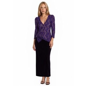 NEW Sylvia Ann Maxi Dress Women's Size 10 Purple Black Lace Velvet Vintage 80s